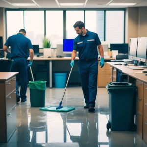 A busy office with desks computers and filing cabinets A janitorial worker mopping the floor while another empties trash cans and wipes down surfaces