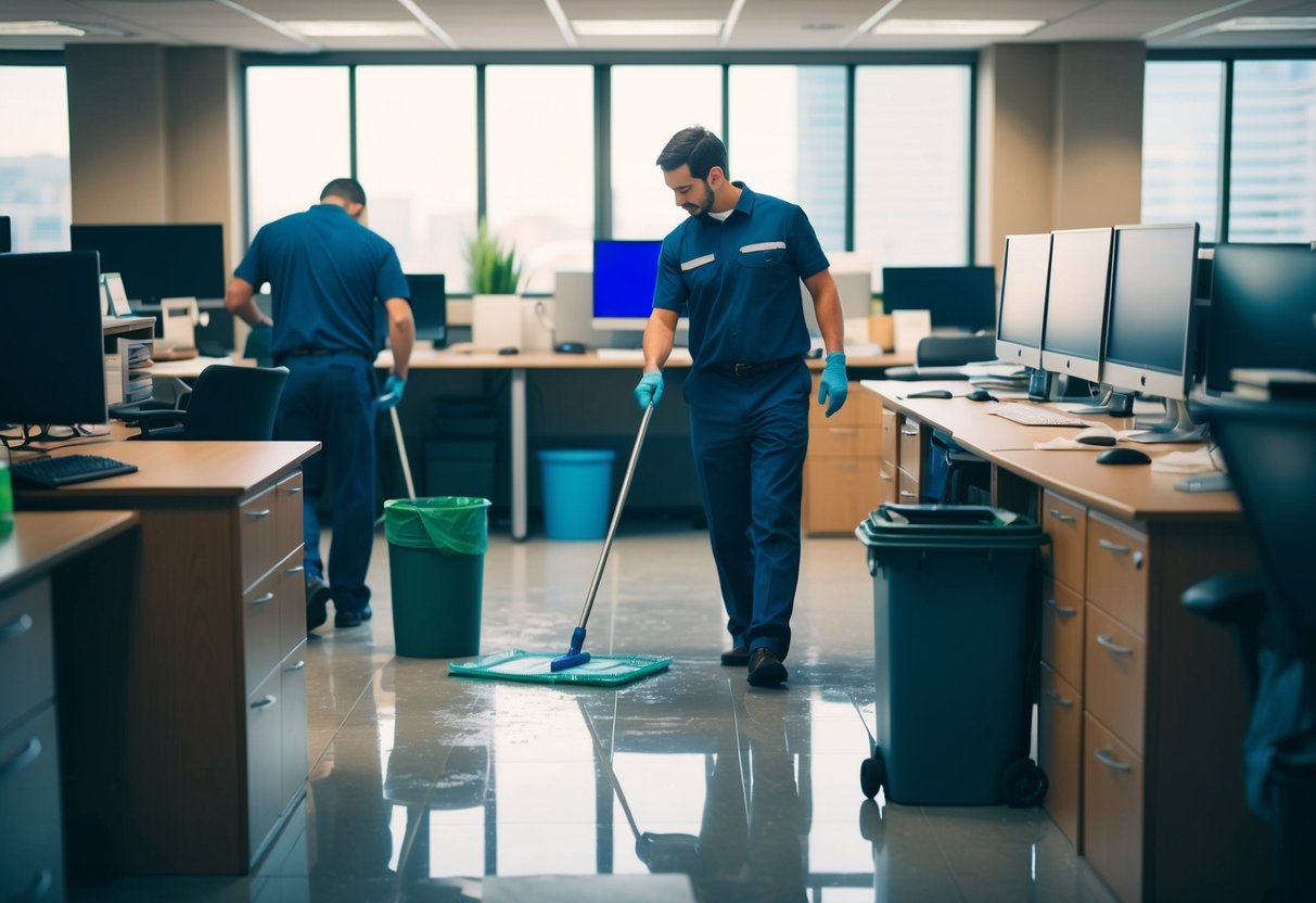 A busy office with desks computers and filing cabinets A janitorial worker mopping the floor while another empties trash cans and wipes down surfaces